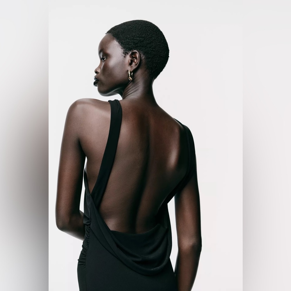 Zara Black Fitted Wrap Midi Dress Gold Neck Detail Criss-cross Back Slit NWT S - Picture 6 of 16